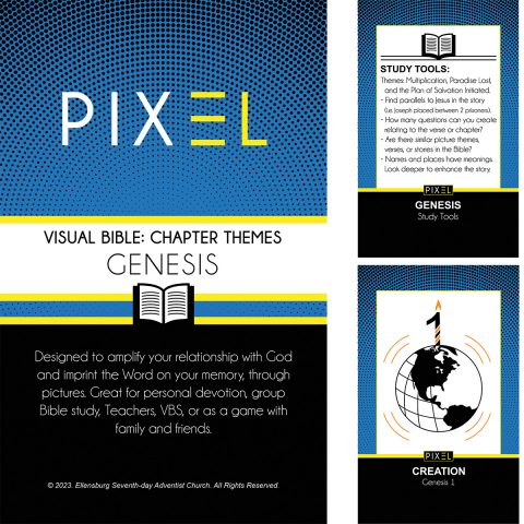 PIXEL Visual Bible Chapter Themes (GENESIS) cover, study tool, and Creation Genesis 1 page examples.